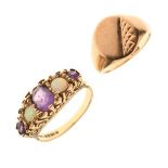 Two 9ct gold rings, the first set three amethyst-coloured stones and two opal cabochons, size J, the