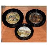 Three pots lids, The Game Bag, Embarking For The East and one other, all within ebonised frames