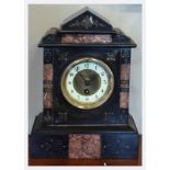 Late 19th Century French black slate and rouge marble mantel clock, cream Arabic chapter ring,