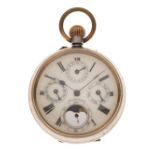 Base metal open faced pocket watch, the cream Roman dial marked Swiss Made with four complications