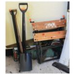 Quantity of garden tools, Black & Decker workmate, Bosch electric hedge trimmer, shooting stick etc