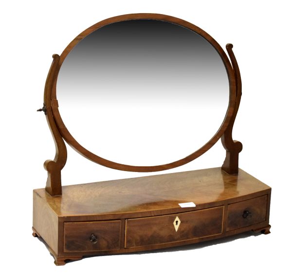 George III mahogany and string inlaid bowfront box base dressing table mirror fitted three