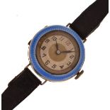 Early to mid 20th Century lady's silver and enamel cased wristwatch, blue enamel bezel, leather
