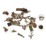 Silver charm bracelet with assorted silver, white metal and unmarked charms etc
