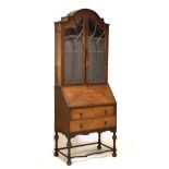 1920's period mahogany and string inlaid bureau bookcase, 79cm wide