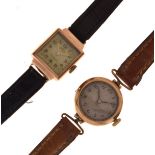 Two lady's 9ct gold wristwatches, each with leather strap