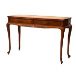 Oriental hardwood side table fitted two short drawers with carved apron below, raised on cabriole