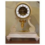 Late 19th Century French alabaster mantel clock, white Roman chapter ring with partially-exposed