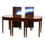 Mahogany 'D' end dining table, raised on square tapered supports having centre section and two