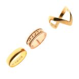 Three assorted gold rings comprising: 22ct gold wedding band, size Q, 9ct gold 'Mizpah' ring, size O