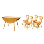 Ercol - Light elm dining suite comprising: oval drop leaf dining table, raised on beech supports,