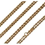 Unmarked yellow metal rope-twist long chain, tests as 14ct and above, 185cm long, 53g approx