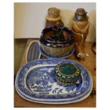 Two blue and white transfer printed willow pattern meat plates, a Doulton jardinière, a Poole