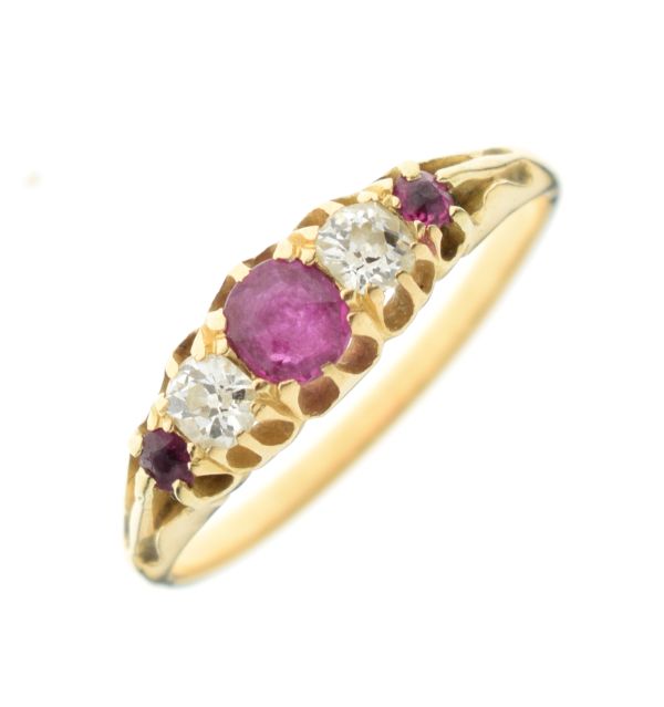 Yellow metal, diamond and ruby five-stone ring, set central ruby within two diamonds and two smaller