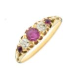 Yellow metal, diamond and ruby five-stone ring, set central ruby within two diamonds and two smaller