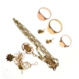Assorted gold and yellow metal jewellery to include; two 9ct gold signet rings, yellow metal similar