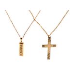 9ct gold ingot pendant with fine chain, together with a rolled gold cross pendant on 9ct gold fine
