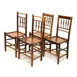 Four matched 19th Century ash and elm spindle back hard seat dining chairs