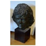 Bronze-effect plaster sculptural bust of a lady, on pine cuboid pedestal, 43cm high overall