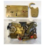 Group of mainly 19th Century brass door furniture to include; lock plate, lion mask knocker, hinges,