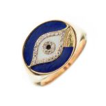 Yellow metal, enamel and diamond signet ring with 'All Seeing Eye' design, shank stamped 750, size