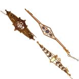 Three various yellow metal brooches comprising: sapphire and seed pearl-set bar brooch stamped 15ct,