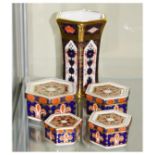 Royal Crown Derby Imari pattern 1128 hexagonal waisted vase, 11.5cm high, and four graduated Royal