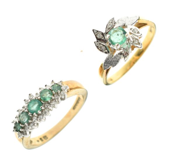 18ct gold, emerald and diamond ring of foliate spray design, size P, together with a 9ct gold,