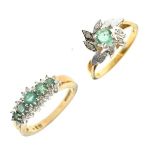 18ct gold, emerald and diamond ring of foliate spray design, size P, together with a 9ct gold,