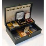 Case containing assorted jewellery to include; pair of yellow metal ear studs, yellow metal