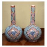 Pair of late 19th/early 20th Century over painted opaque white glass bottle shaped vases having