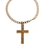9ct gold flattened curb-link necklace, together with an engraved 9ct gold cross pendant of heavy