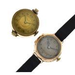 Two early 20th Century lady's 9ct gold-cased wristwatches, one with black leather strap