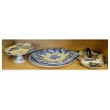 Three blue and white transfer printed meat plates, comport, two hors d'oeuvre dishes