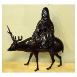 20th Century Chinese bronze figure of Jurojin, riding a stag, the figure removeable, the whole as