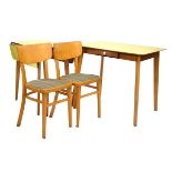 Vintage beech and Formica top drop leaf kitchen table and one other similar table and a pair of