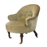 Victorian beech framed tub shaped armchair upholstered in green button back fabric, raised on turned