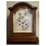 Early 20th Century German mahogany-cased chiming mantel clock, Junghans, with silvered Arabic dial