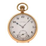 9ct gold open-faced pocket watch retailed by Kemp Bros. Bristol, white Arabic dial with subsidiary