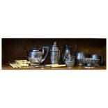 Assorted silver plated wares to include; teapot and milk jug, planished pot-bellied hot water jug,