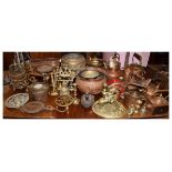 Large collection of assorted brass, copper and other metalwares to include; kettles, planters,