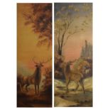 Large pair of early 20th Century oils on canvas depicting stags, each 92cm x 31.5cm, in gilt frame