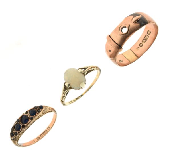 Two 9ct gold dress rings, one set with oval opal cabochon, the other designed as a belt, together