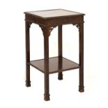 Georgian style mahogany square top two tier occasional table having blind fret work decoration, 41cm