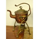 Early 20th Century Art Nouveau brass and copper spirit kettle on stand, 28cm high