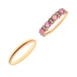 9ct gold, ruby and diamond dress ring set four rubies and five pairs of small diamond brilliants,