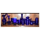 Collection of Bristol Blue type glass including; candlesticks, jug, goblets etc