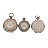 Three late 19th Century lady's Continental white metal fob watches, two marked 0935, the third 'Fine