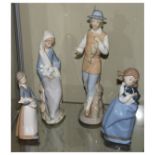 Lladro figure holding lilies, a Lladro figure carrying a piglet, Nao figure of a girl with puppy and