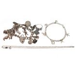 Silver curb-link charm bracelet fitted assorted silver, white metal and other charms, together